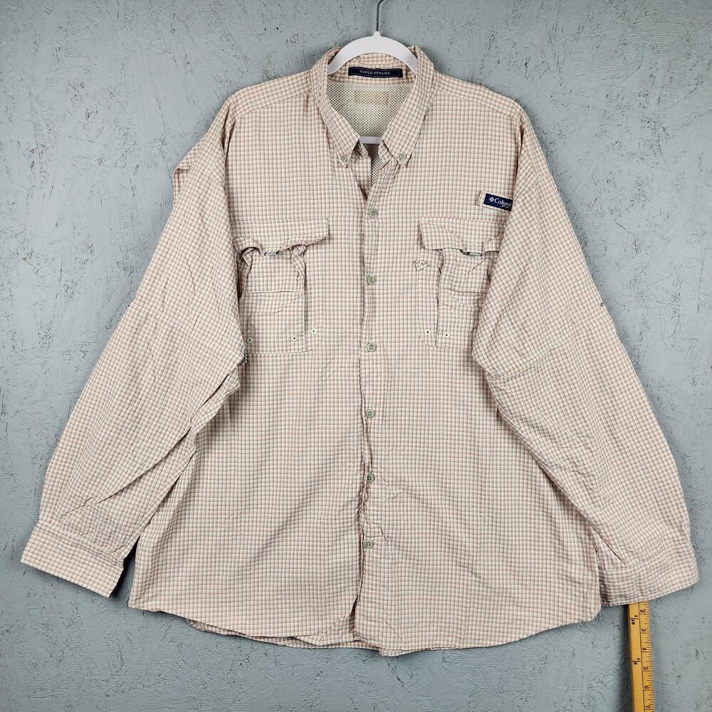 Columbia PFG Super Bahama Shirt Mens 2XL Beige Orange Plaid Omni Shade Fishing